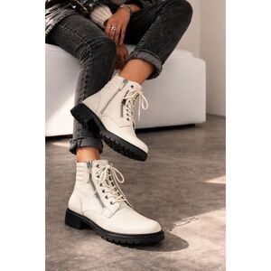 Aquatalia White Leather Combat Ankle Boots Lug Sole Zip Lace Made Italy Size 6